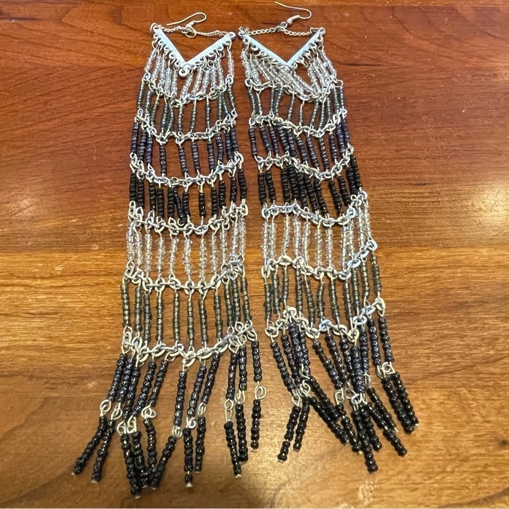 Spectacular flapper chandelier earrings oversized silver black beaded pi…